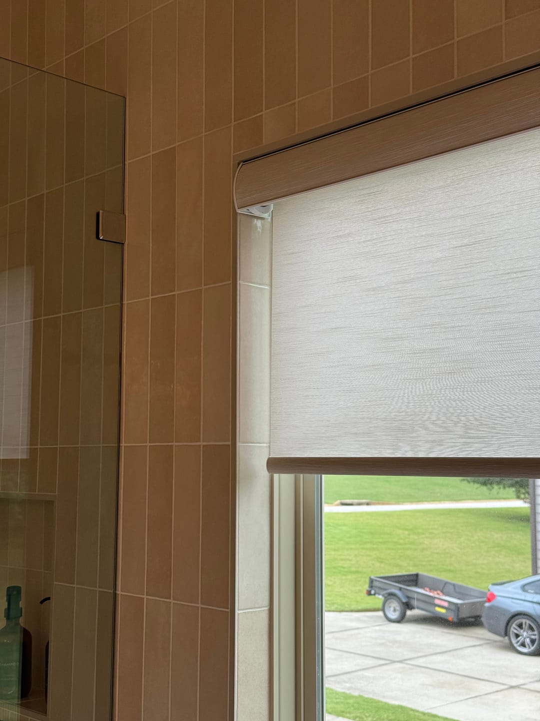 Customer photo review of SmartWings Motorized Light Filtering Roller Shades 70% Blackout Essential