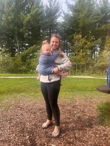 Customer photo review of Rain Desert Tan Toddler Carrier by Happy Baby