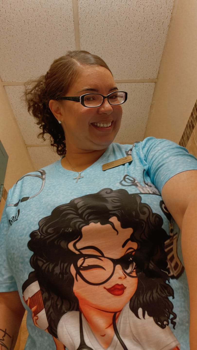 Customer photo review of Pretty Doll Nurse Scrub CNA RN Healthcare Worker Personalized V-neck 3D T-shirt