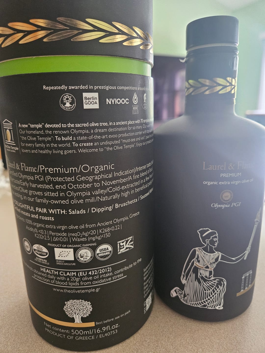 Customer photo review of Laurel & Flame Olympia PGI  Early Premium USDA-Organic  Extra-Virgin Olive Oil, 2024 (NEW) Harvest, 16.9 fl oz
