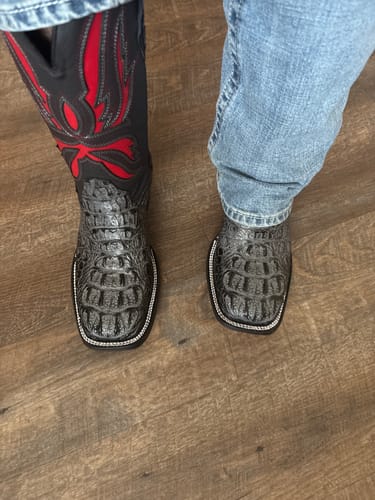 Customer photo review of Midnight Grey Caiman Neck Leather Boots - Square Toe