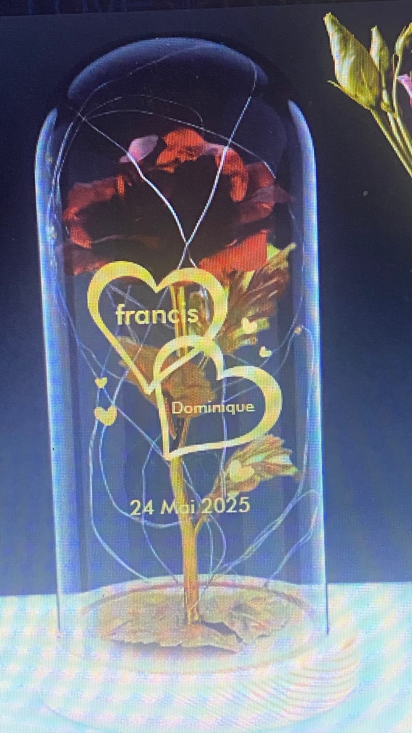 Customer photo review of Je t'aime - Rose éternelle sous cloche en verre avec lumière LED personnalisée avec noms et date anniversaire