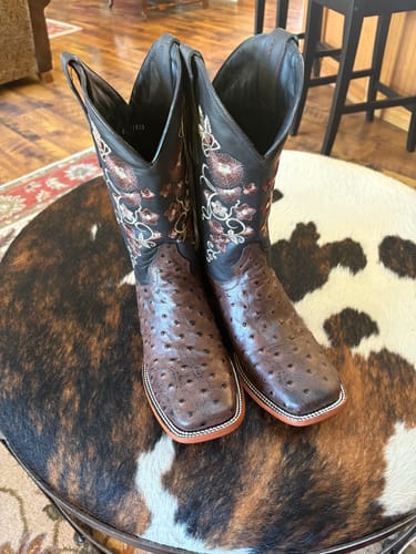 Customer photo review of Women’s Brown Ostrich Leather Boots With Brown Floral Shaft