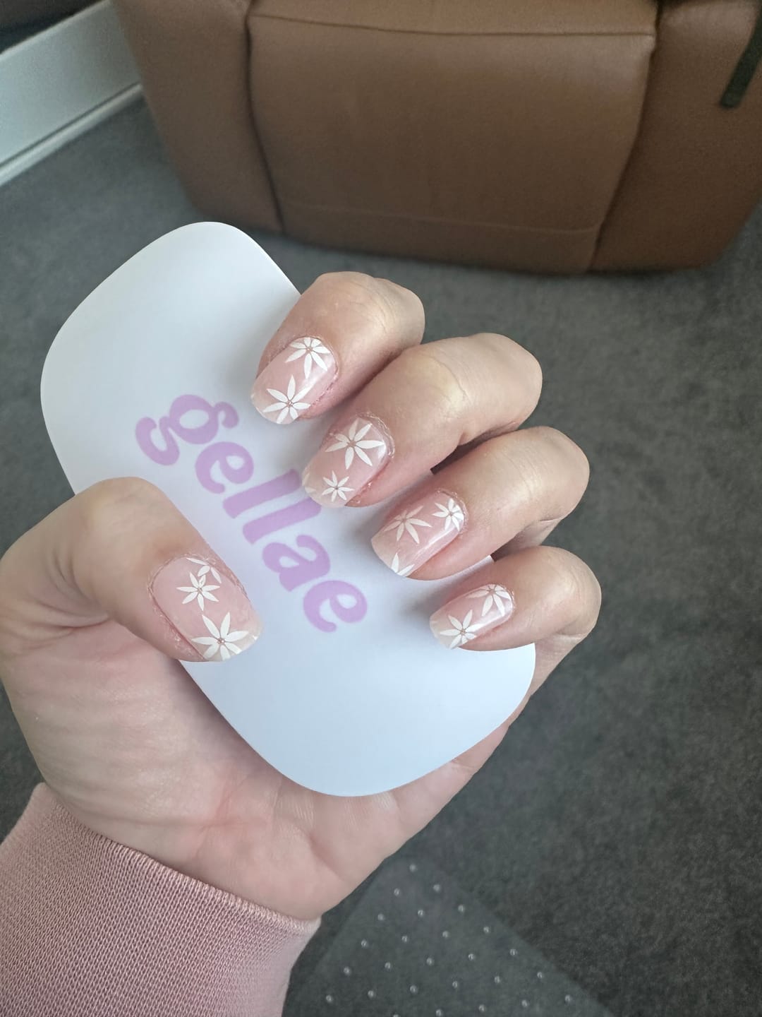 Customer photo review of Pretty Pink Daisies DIY Semicured Gel Nail Sticker Kit