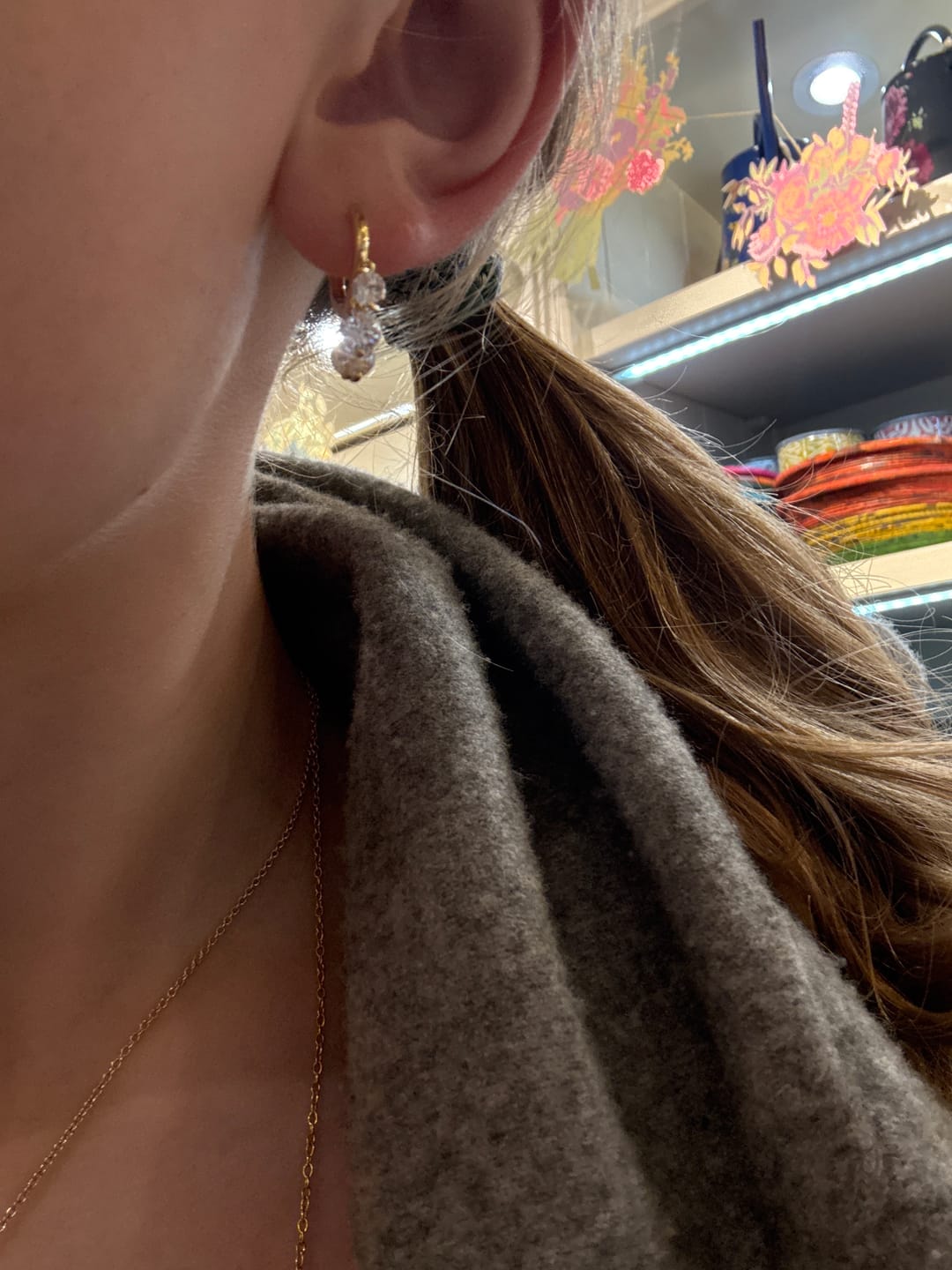 Customer photo review of Iris Gold Crystal Waterfall Huggie Earrings