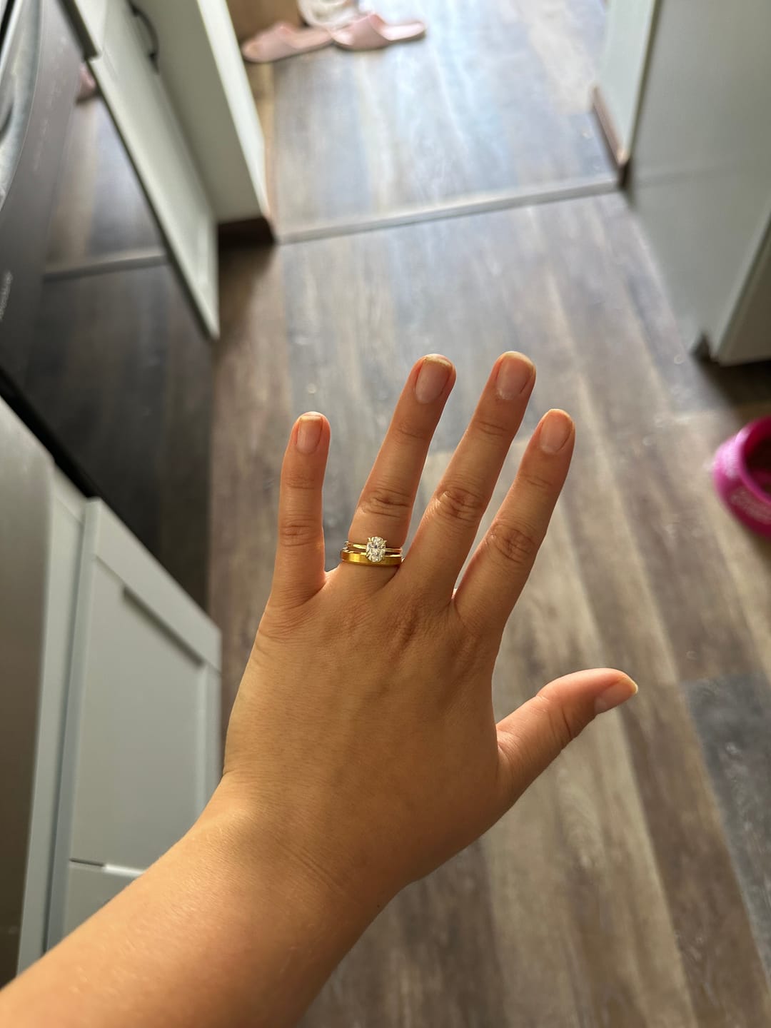 Customer photo review of 4mm - 14k Yellow Gold Tungsten Carbide Wedding Band Beveled Edges Brush Center