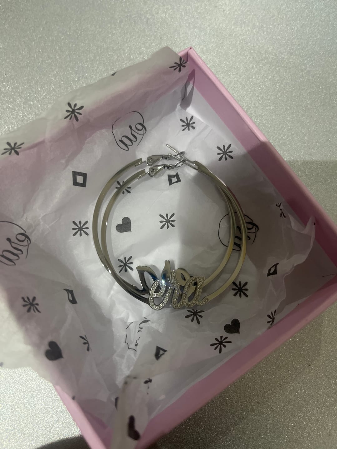 Customer photo review of Silver Precious Era Logo Hoops