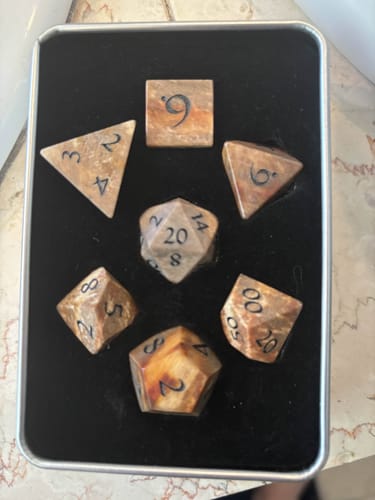 Customer photo review of URWizards D&D Petrified Wood Gemstone Engraved Dice Set(Limited edition)
