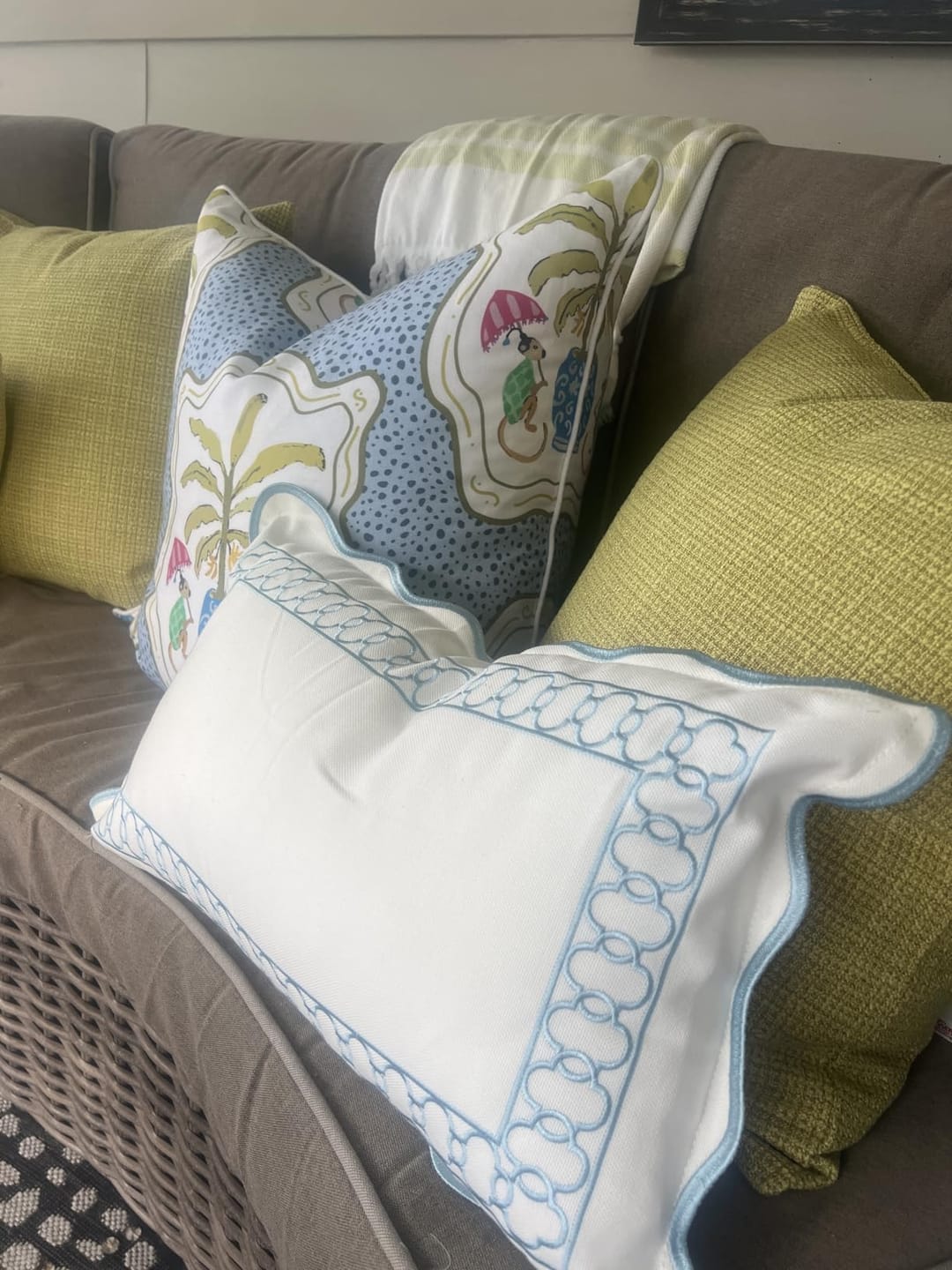 Customer photo review of Coastal Indoor Outdoor Scalloped Lumbar Pillow Cover Only, Begonia Pattern Chain Frame, Baby Blue, 12"x20"