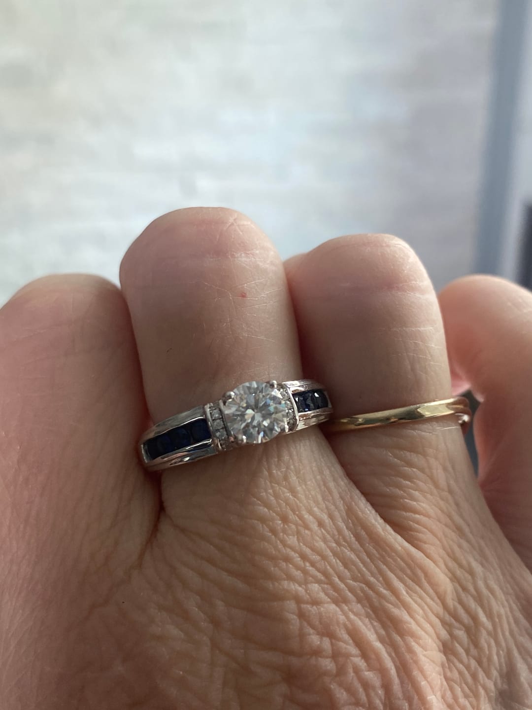 Customer photo review of Moissanite With Channel Set Sapphire Accents Engagement Ring