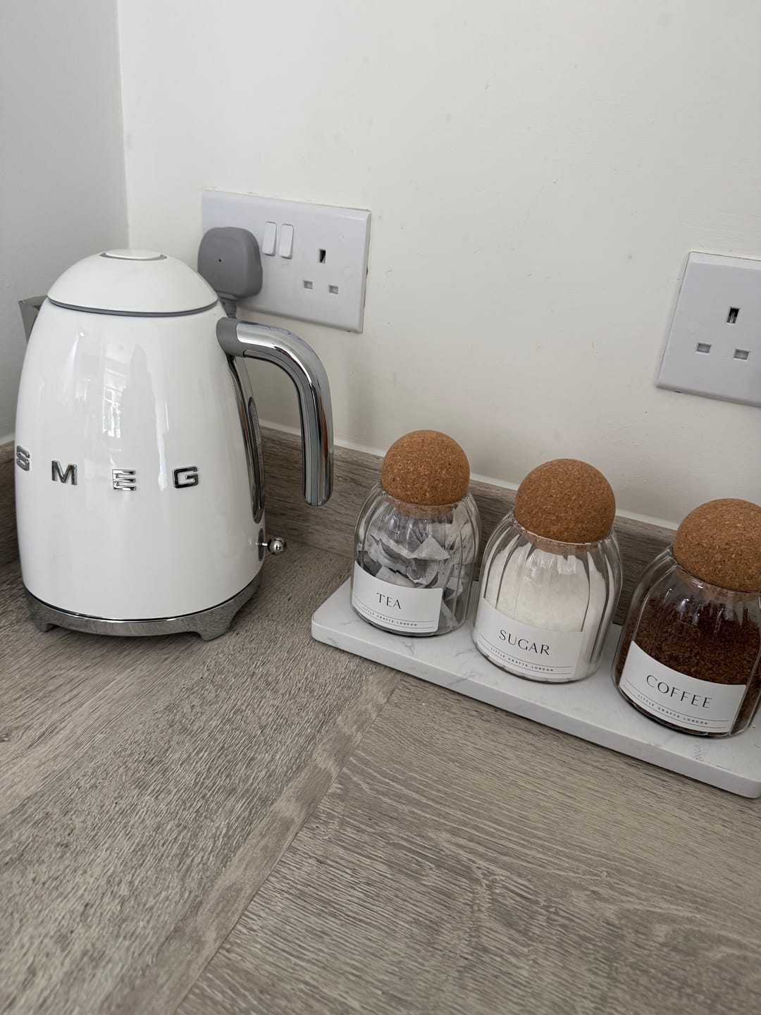 Customer photo review of Set of 3 Ribbed Cork Ball Glass Jars - Tea, Coffee and Sugar 500ml with Long Tray