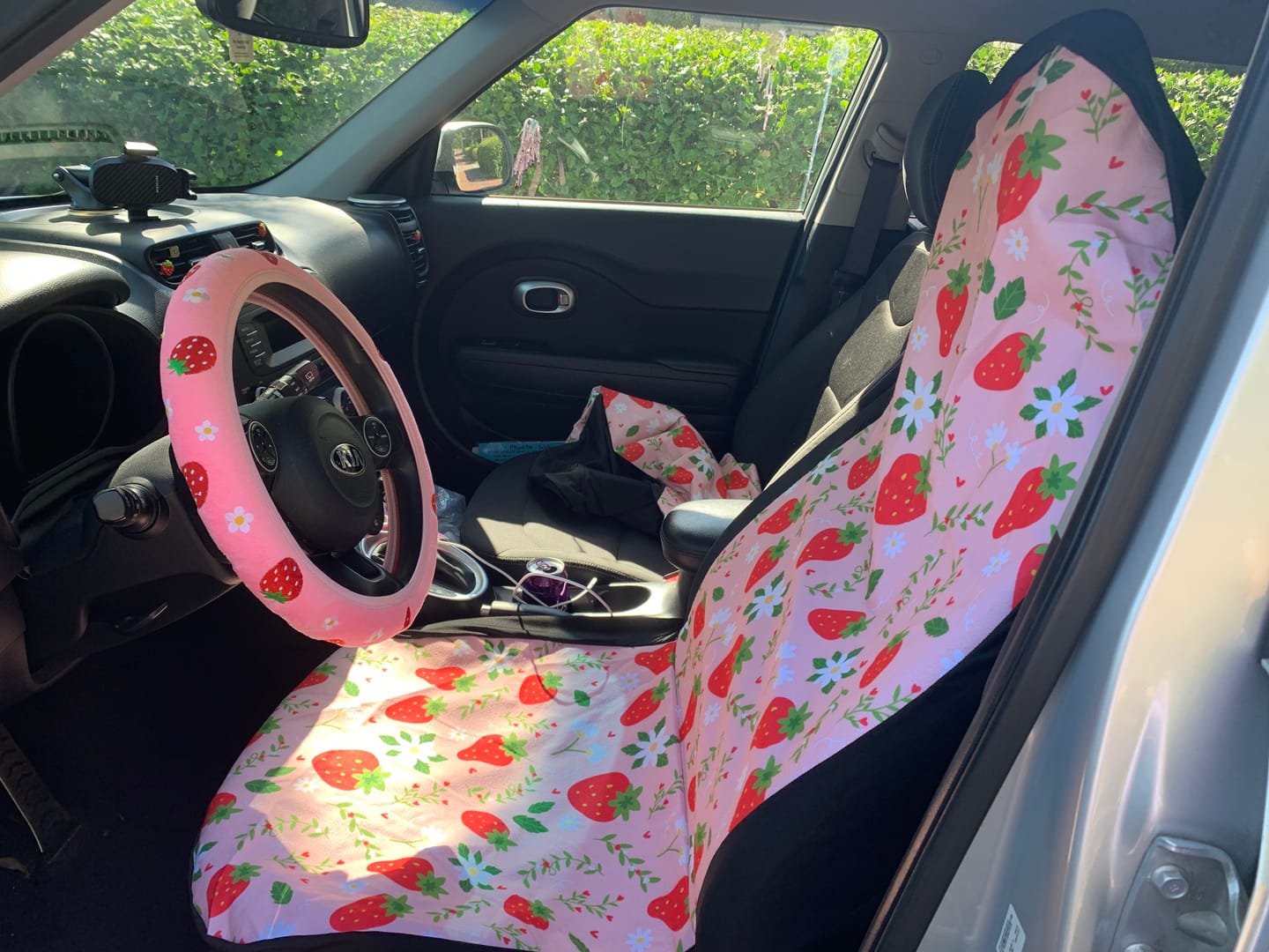 Customer photo review of Strawberry Car Seat Covers (2 pcs), Fruit Pink Pattern Auto Front Dog Pet Vehicle SUV Universal Fit Luxury Protector Accessory Men Women