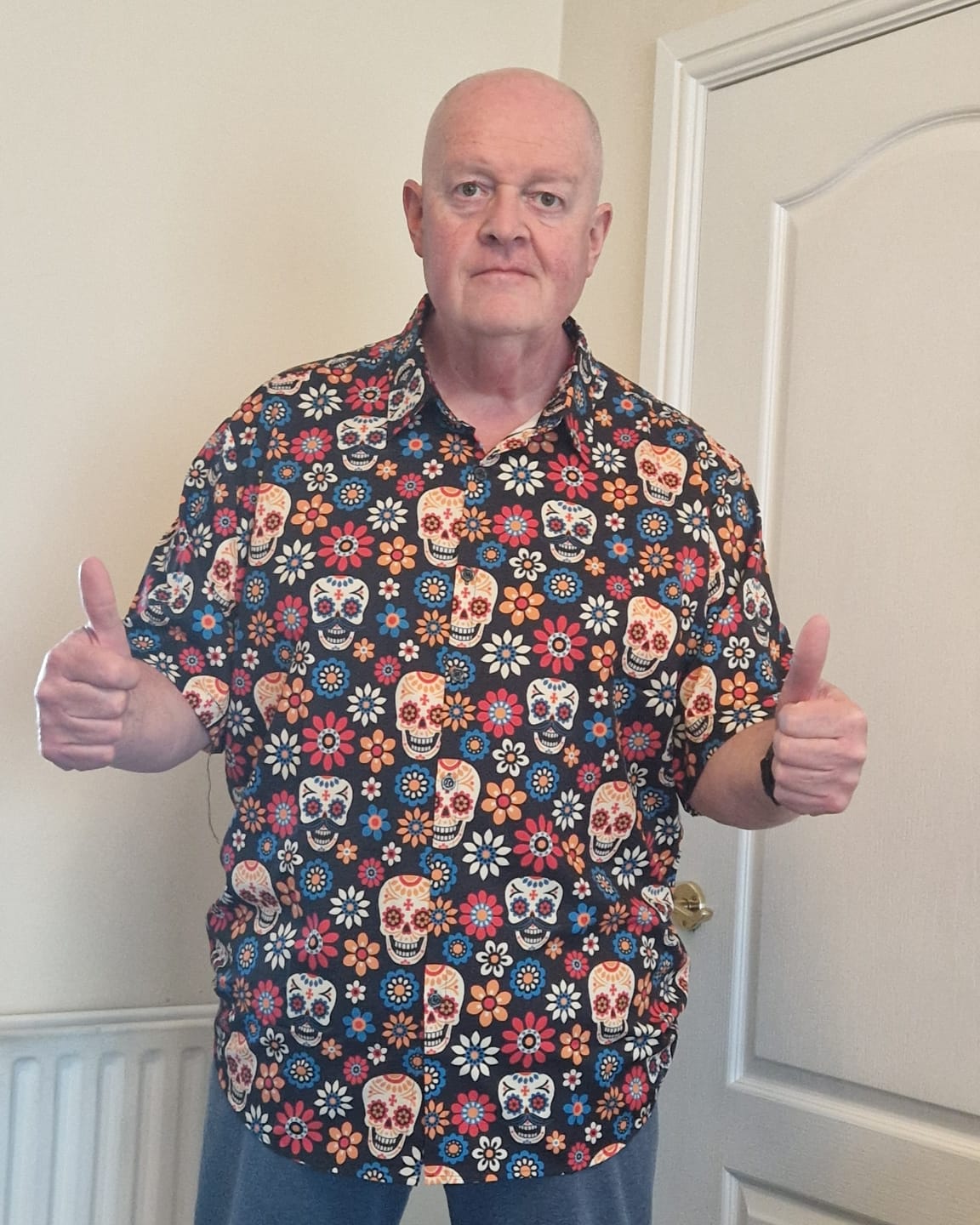 Customer photo review of Men's Sugar Skull Punk Rock Holiday Cool Beach Short Sleeve Summer Shirt