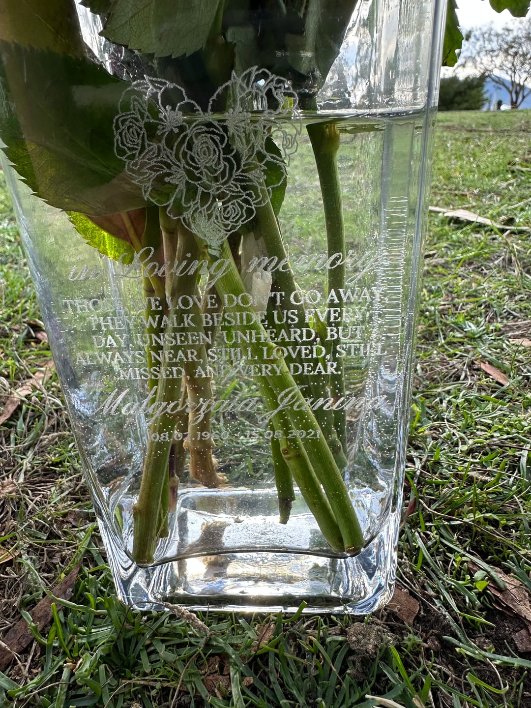Customer photo review of Engraved Medium Square Clear Glass Tank Vase - 10D x20cmH