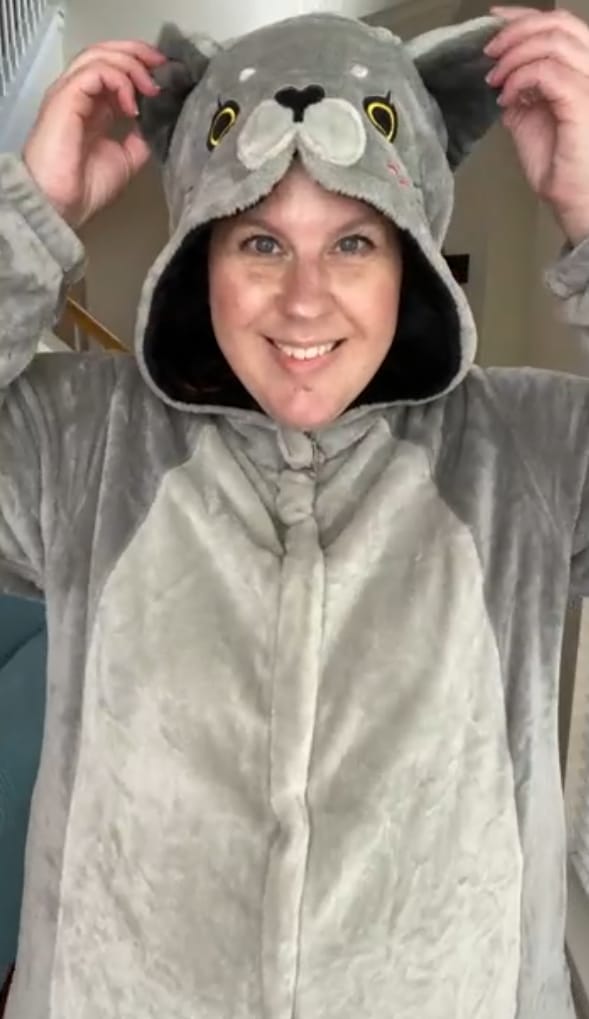 Customer photo review of OLAOLA Unisex Adult Plush Cat Animals Onesie Pajamas Warm Home One-Piece Sleepwear