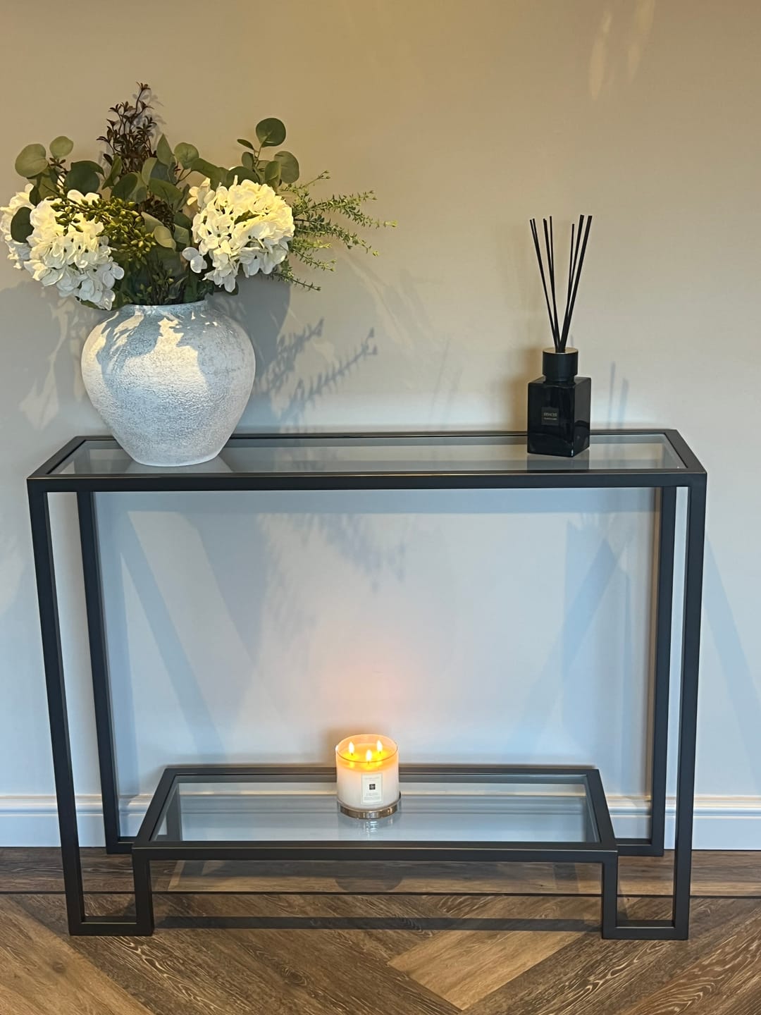 Customer photo review of Hudson Glass Metal Console Table - Dark Bronze
