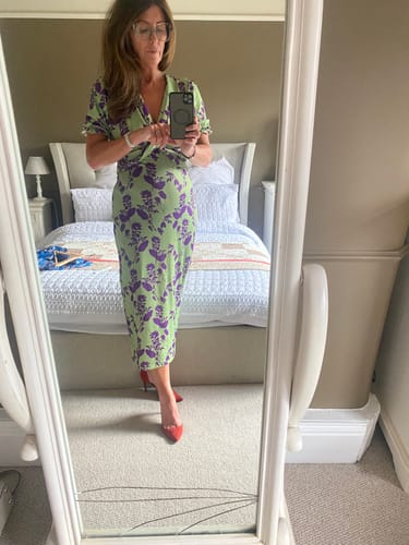 undefined review of Elegant leaf print deep V puff sleeve A-line dress image 1 out of 2