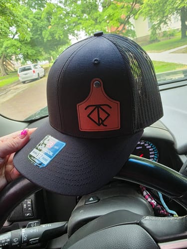 Customer photo review of Ear Tag Custom Leather Patch Trucker Hat - Richardson 112