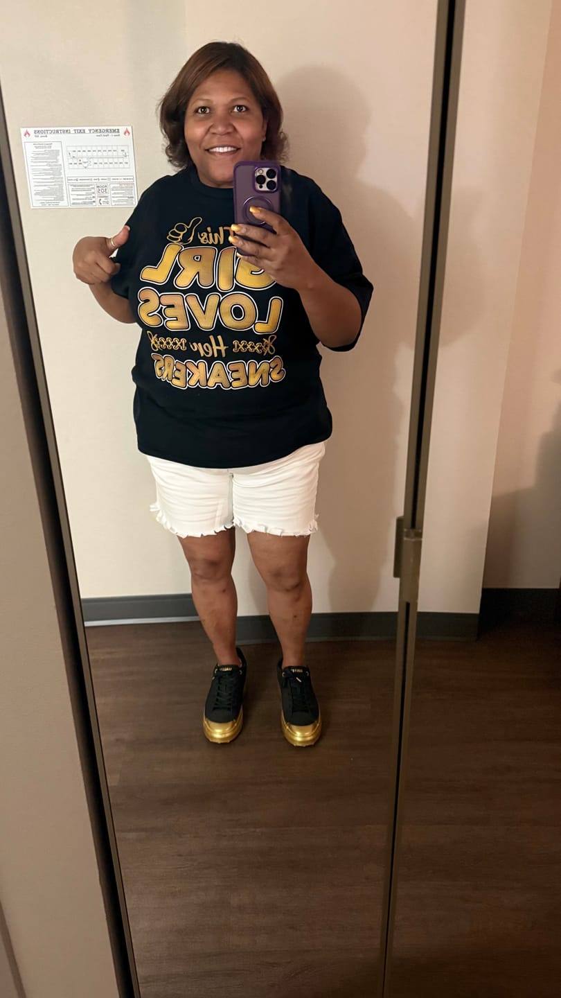Customer photo review of This Girl Loves Sneakers T-Shirt Matching Jordan 1 High OG Metallic Gold