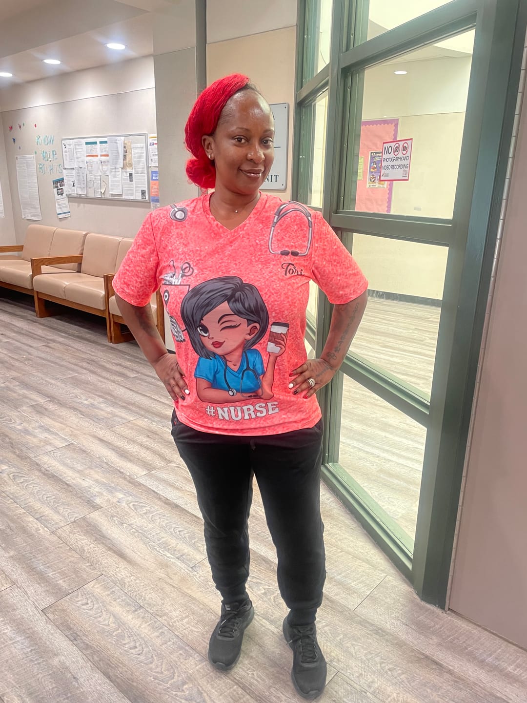 Customer photo review of Pretty Doll Nurse Scrub CNA RN Healthcare Worker Personalized V-neck 3D T-shirt