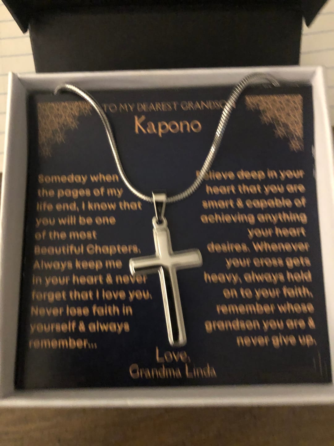 Customer photo review of Grandson, Never Give Up - Cross Necklace With Personalized Message Card (GS64-P)