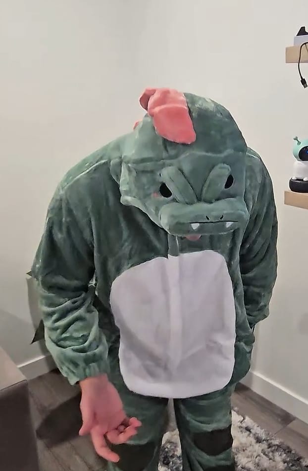 Customer photo review of OLAOLA Unisex Adult Plush Dinosaur Animals Onesie Pajamas Warm Home One-Piece Sleepwear