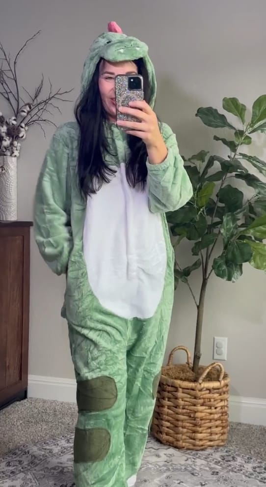 Customer photo review of OLAOLA Unisex Adult Plush Dinosaur Animals Onesie Pajamas Warm Home One-Piece Sleepwear