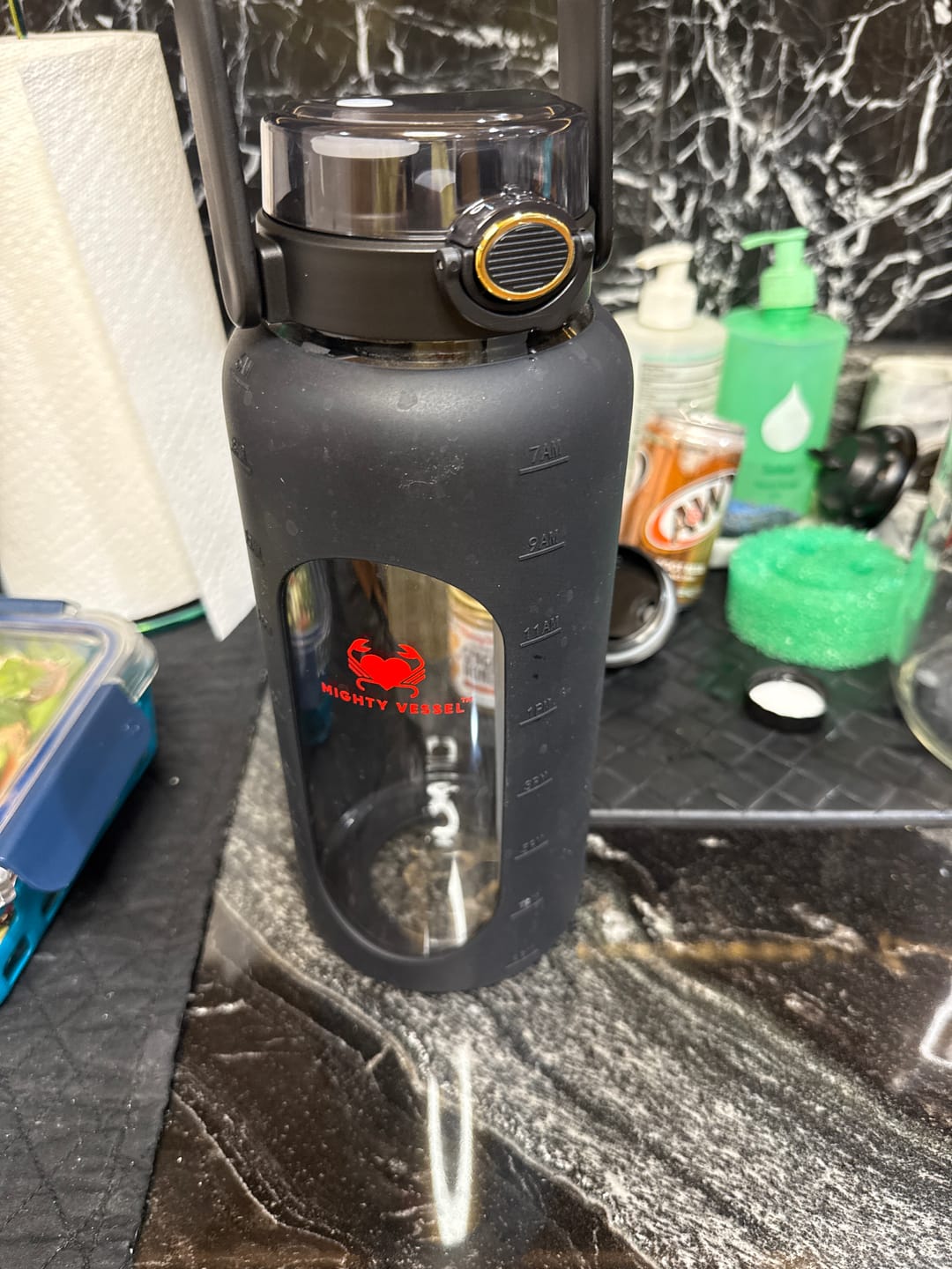 Customer photo review of MIGHTY VESSEL™ SHATTER-RESISTANT GLASS WATER BOTTLE | 64 OZ