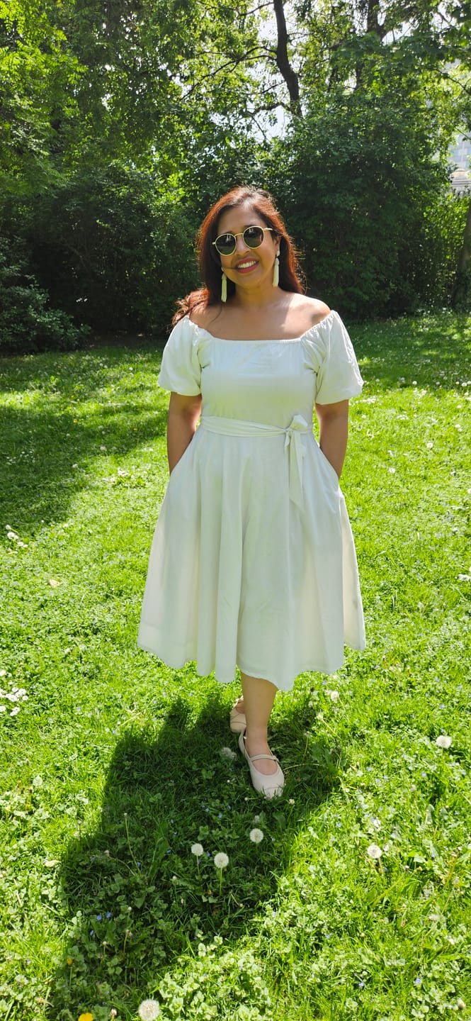 Customer photo review of White 100% Cotton Midi Off-Shoulder Dress