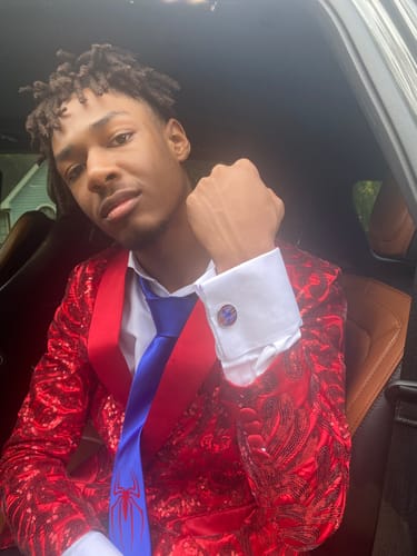 Customer photo review of Men's Exquisite Shawl Lapel Floral Sequin Red Tuxedo Jacket