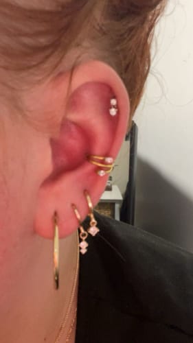 Customer photo review of Crystal Vine Clicker Earring with Gold Plating. Tragus and Cartilage Jewellery.