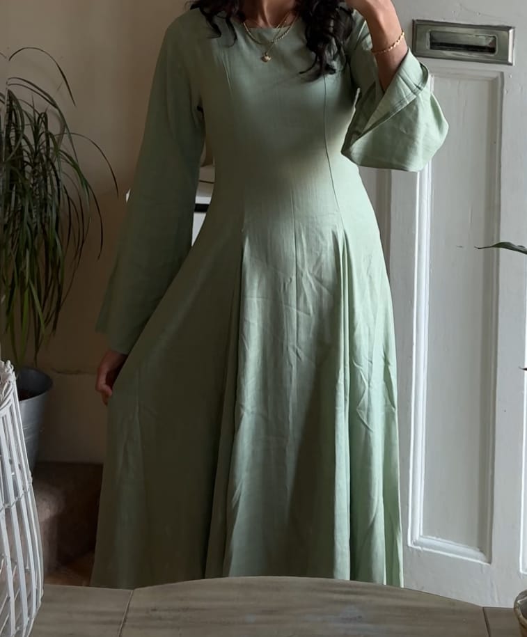 Customer photo review of Linen Lace-Up Dress in Sage