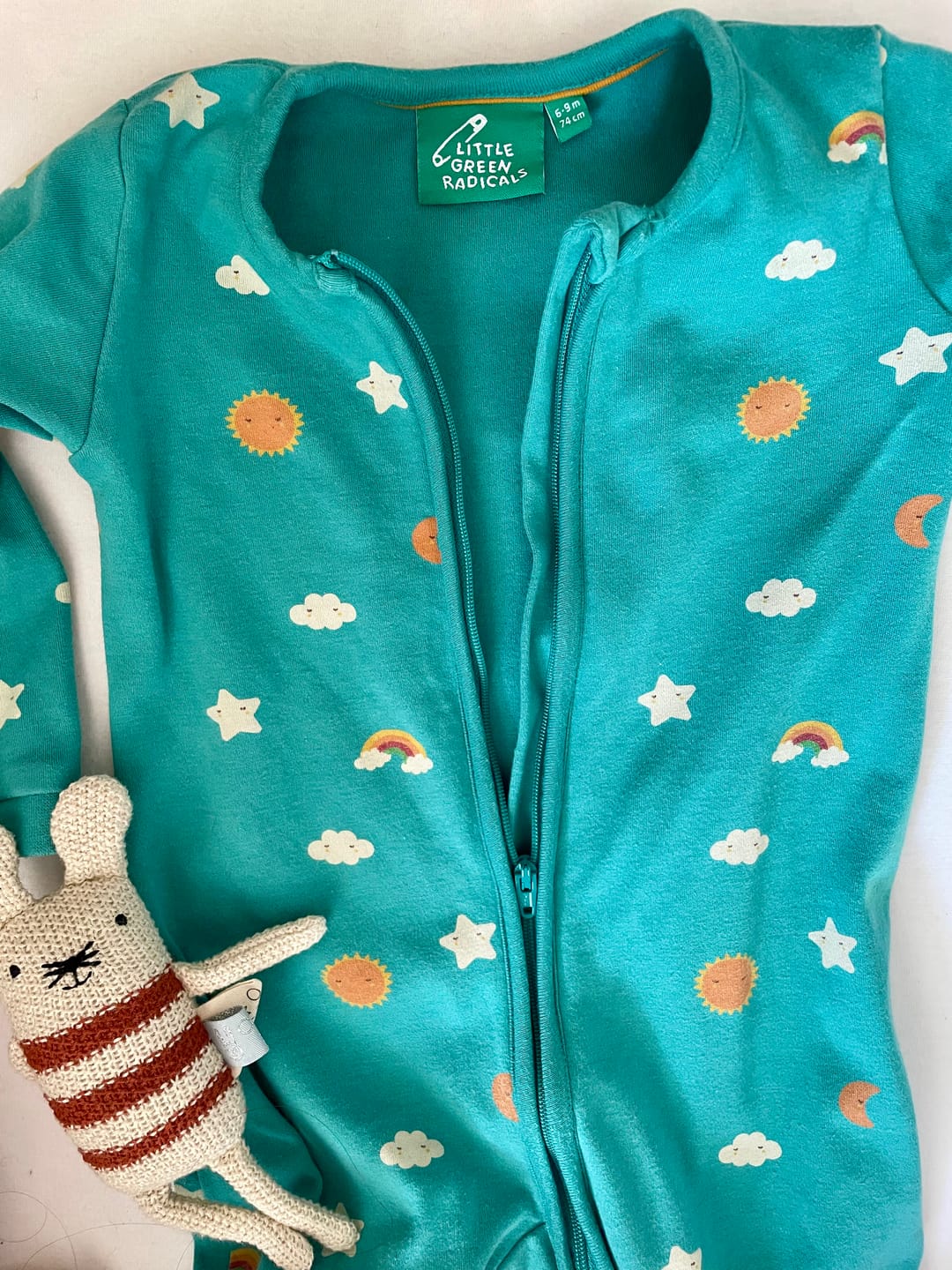 Customer photo review of Turquoise Skies Zip Organic Babygrow