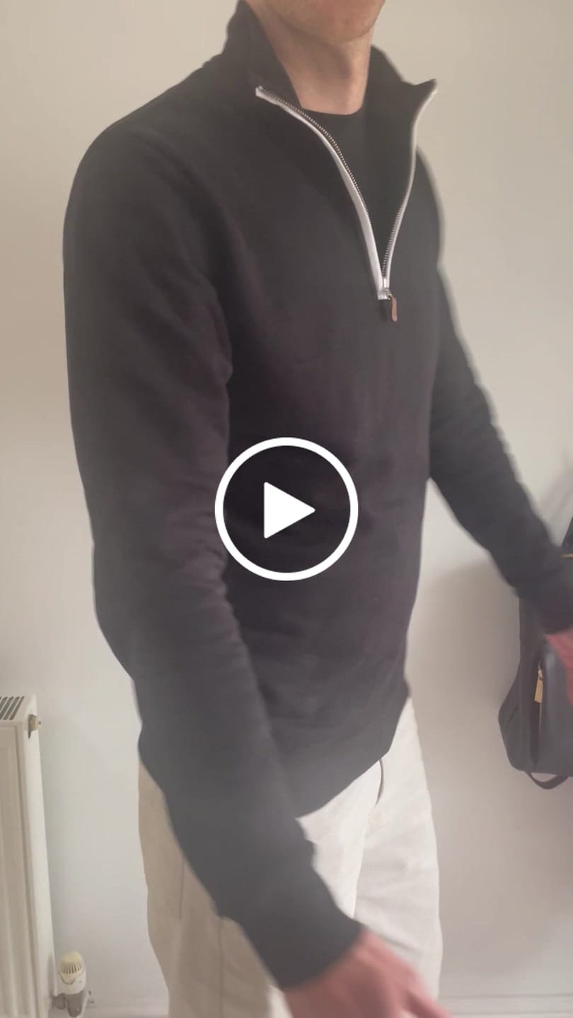 Customer video review of Organic Tall Slim Quarter Zip Sweatshirt (Black)