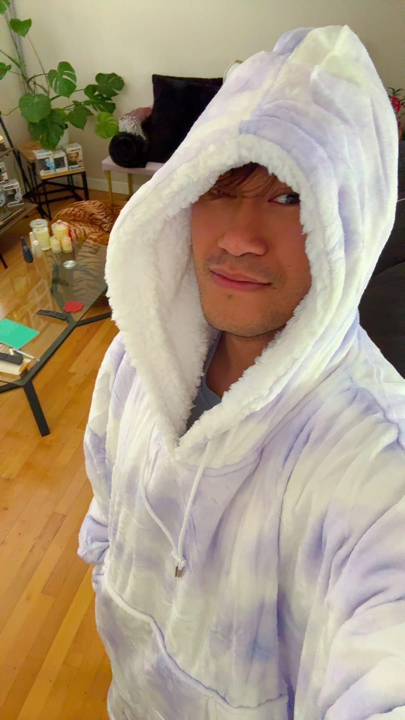 Customer photo review of EXTRA LONG ADULT BLANKET HOODIE - PURPLE TIE DYE