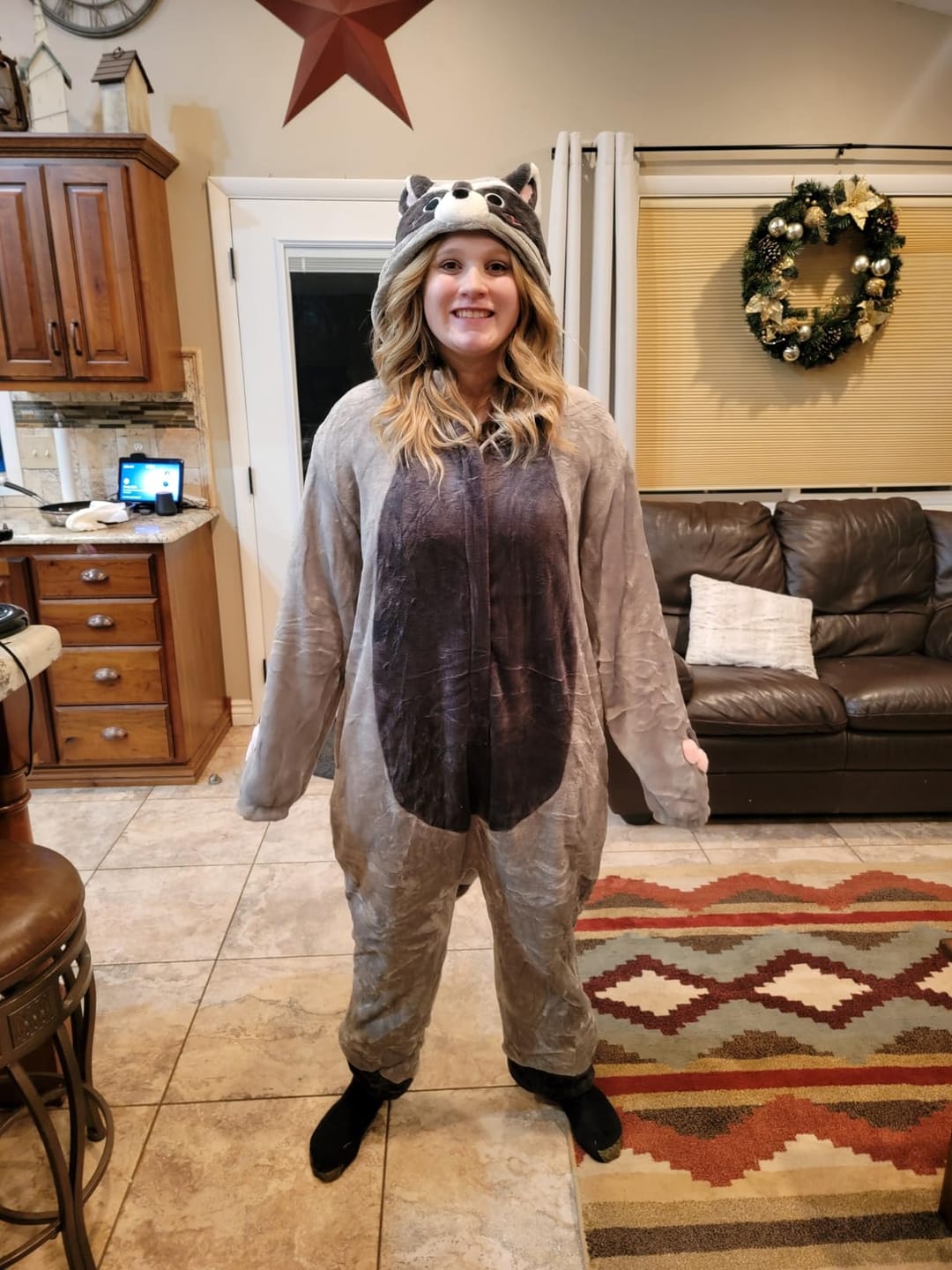 Customer photo review of OLAOLA Unisex Adult Plush Light Gray Raccoon Animals Onesie Pajamas Warm Home One-Piece Sleepwear