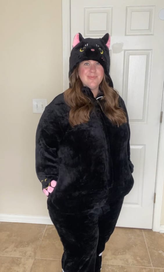 Customer photo review of OLAOLA Unisex Adult Plush Black Cat Animals Onesie Pajamas Warm Home Pet One-Piece Sleepwear