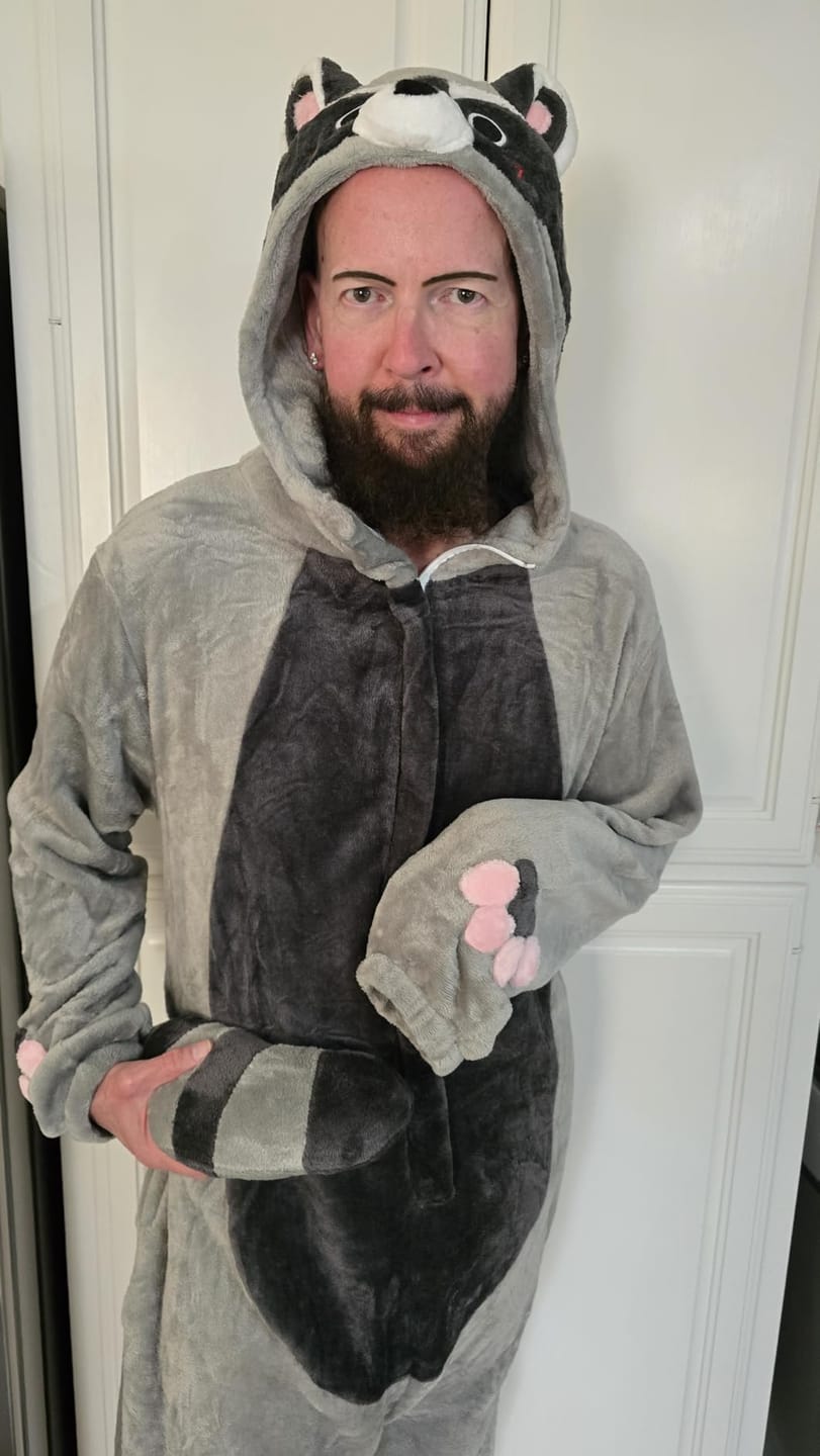 Customer photo review of OLAOLA Unisex Adult Plush Light Gray Raccoon Animals Onesie Pajamas Warm Home One-Piece Sleepwear