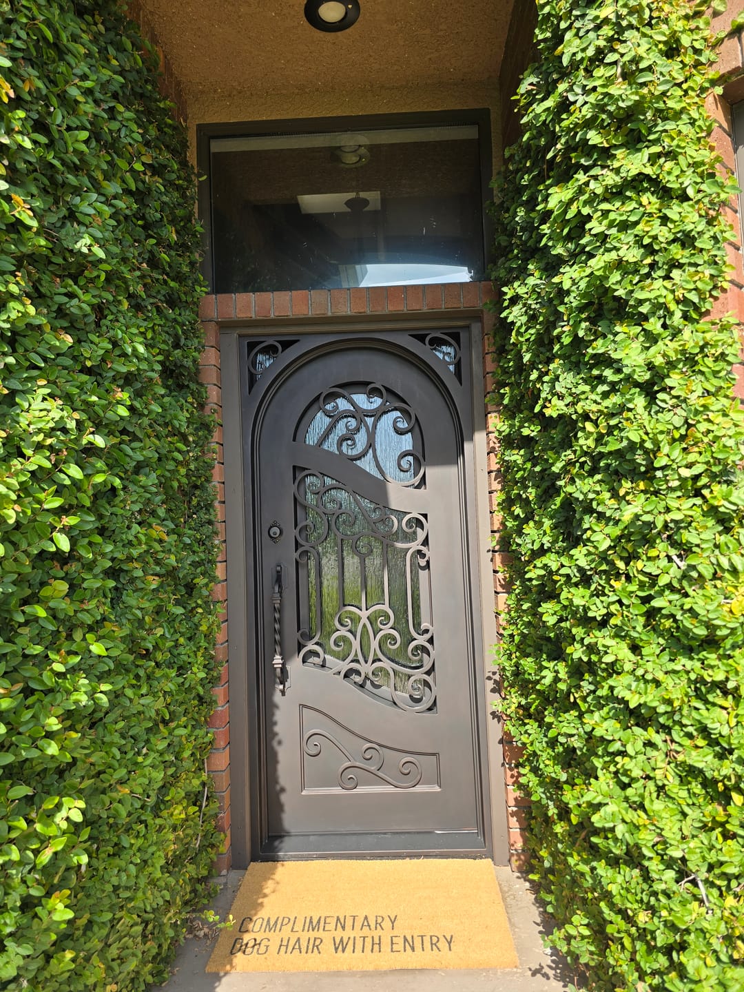 Customer photo review of Calvert Model Pre Hung Single Front Entry Wrought Iron Door With Rain Glass Dark Bronze Finish