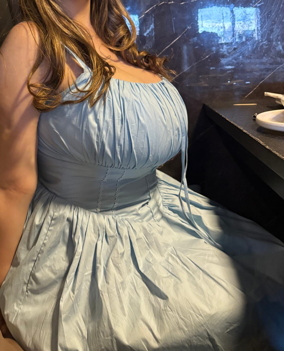 Customer photo review of 'Camille' Soft Blue Fuller Bust Mini Sundress