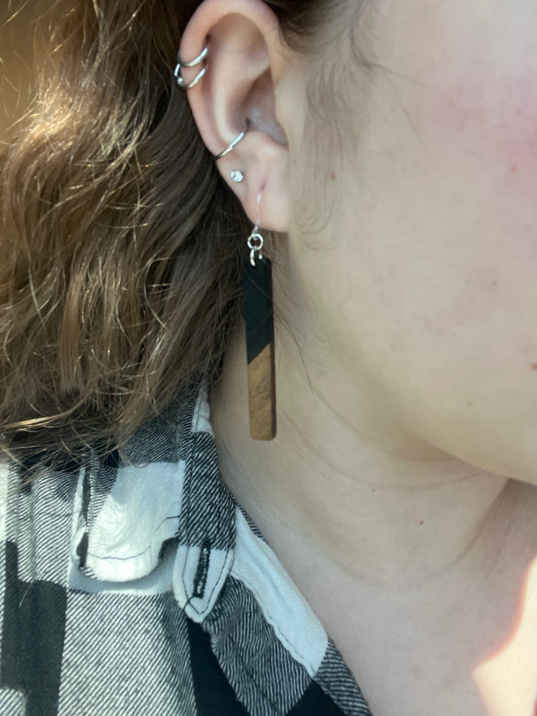 Customer photo review of Rectangular Wooden Celluloid Dangles Hypoallergenic Earrings for Sensitive Ears Made with Plastic Posts