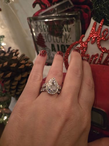 Customer photo review of Louily Eternity Double Halo Pear Cut 3PC Wedding Set In Sterling Silver