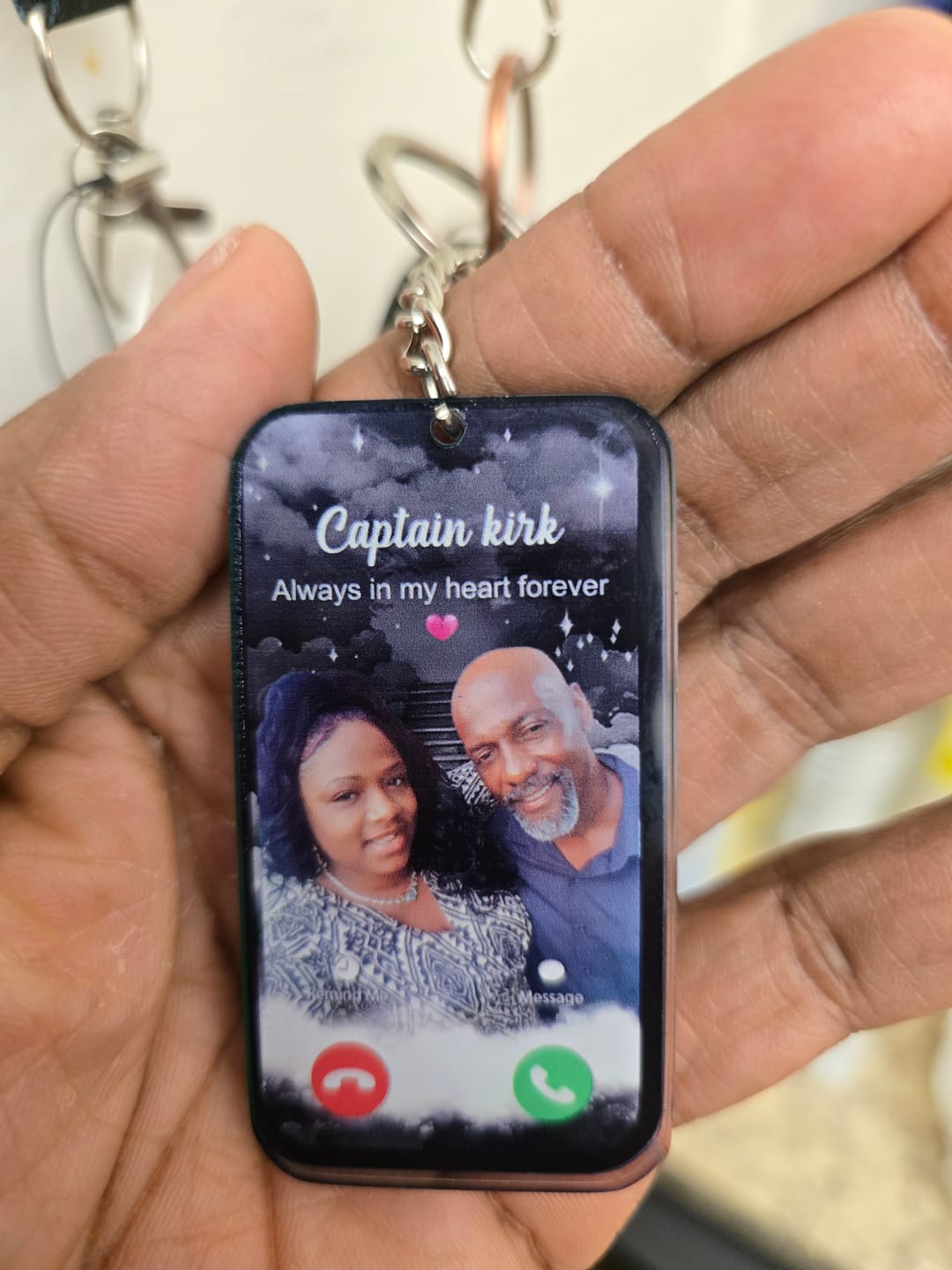 Customer photo review of The Call I Wish Memorial Sympathy Gift - Photo Inserted Different On 2 Sides Personalized Keychain