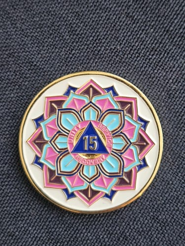 Customer photo review of 1 to 50 Year Sobriety Mint 'In Bloom' Lotus Flower Gold Plated AA Recovery Medallion/Chip/Coin - White