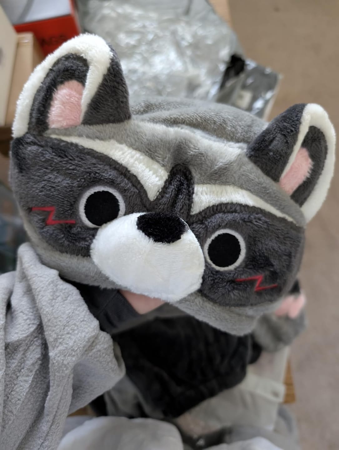 Customer photo review of OLAOLA Unisex Adult Plush Light Gray Raccoon Animals Onesie Pajamas Warm Home One-Piece Sleepwear