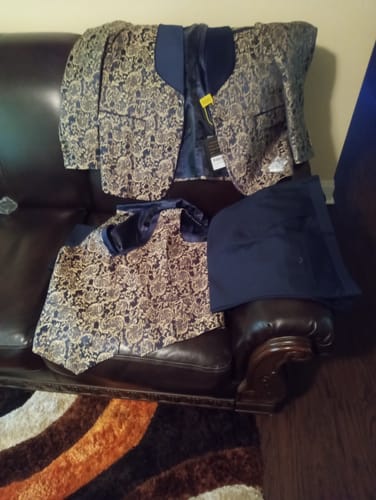 Customer photo review of Men's 3-Piece Vintage Style Gold Damask Jacquard Navy Blue Suit