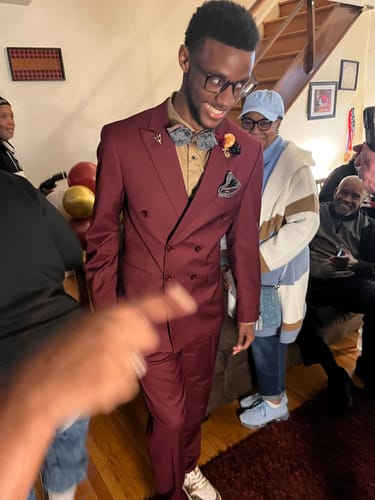 Customer photo review of Men’s 3-Piece Double-breasted Classic Business Burgundy Suit