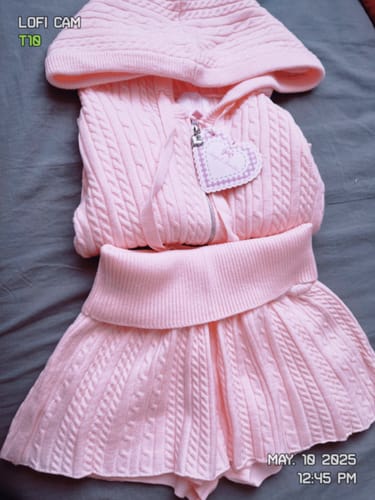 Customer photo review of Strawberry Milk Cable Knit Zip up Cardigan (Pink)