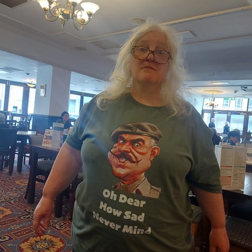 Customer photo review of "Oh dear, how sad never mind" T-Shirt