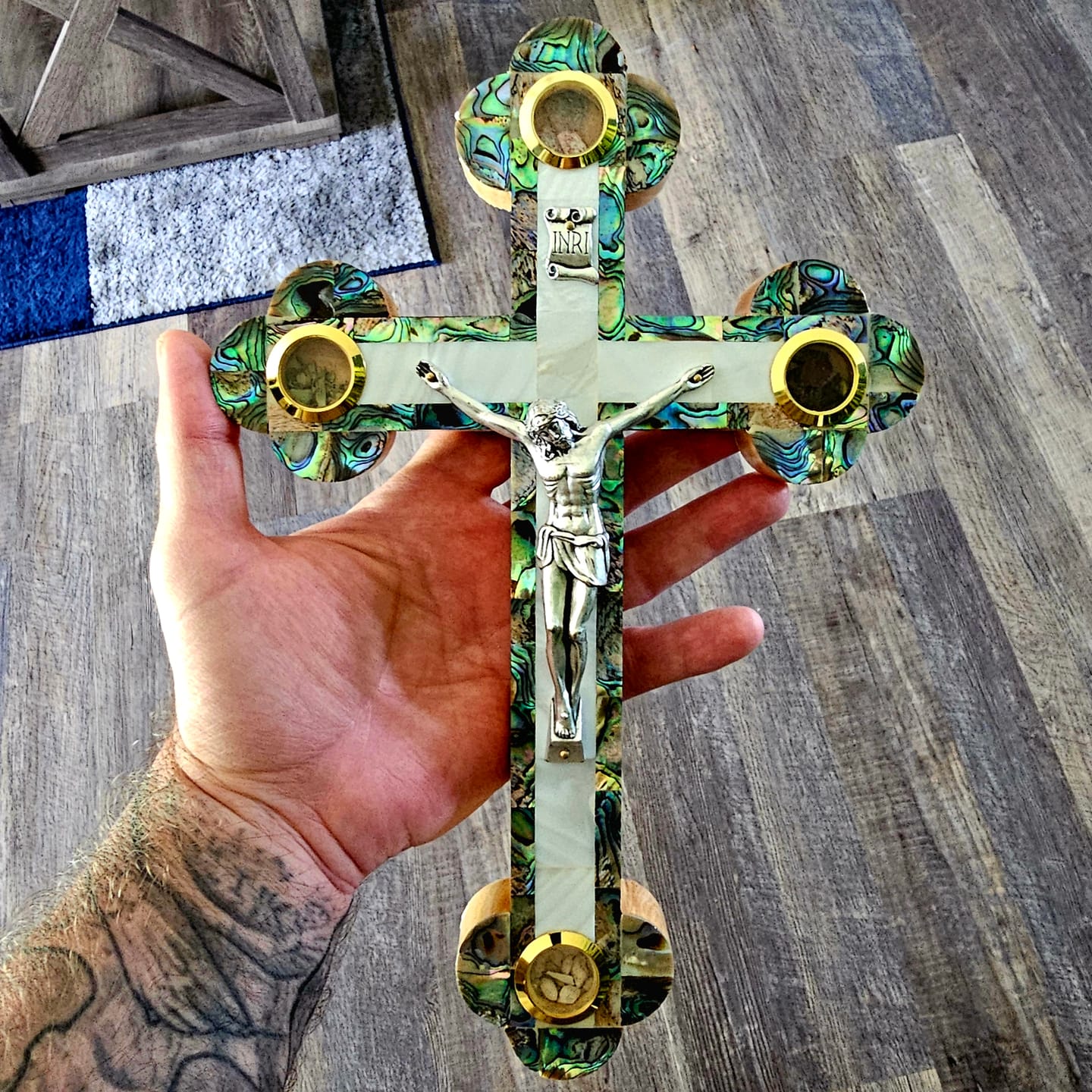 Customer photo review of Olive Wood Crucifix (Fully covered with Mother of Pearl) - Holy Land Crucifixes